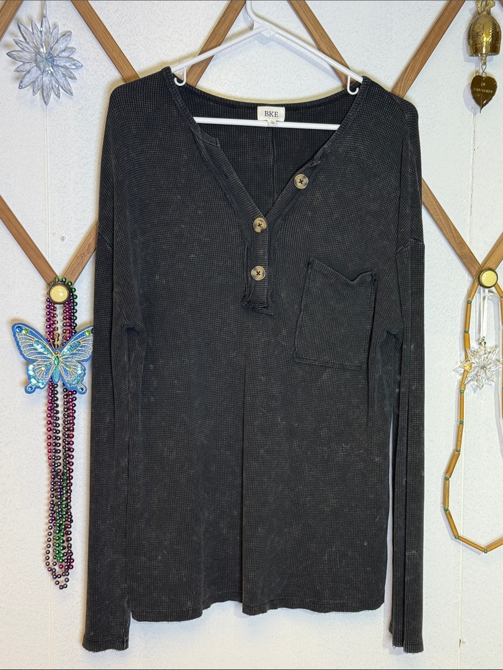 BKE Black Long-Sleeve Henley Top with Chest Pocket
